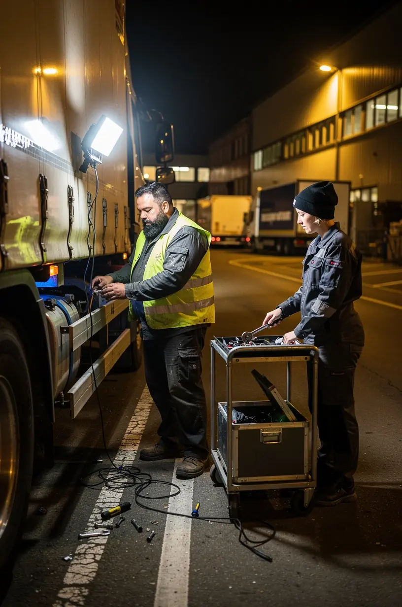 Fachmann überprüft Keilriemen eines Pkw während Pannenservice vor Ort.